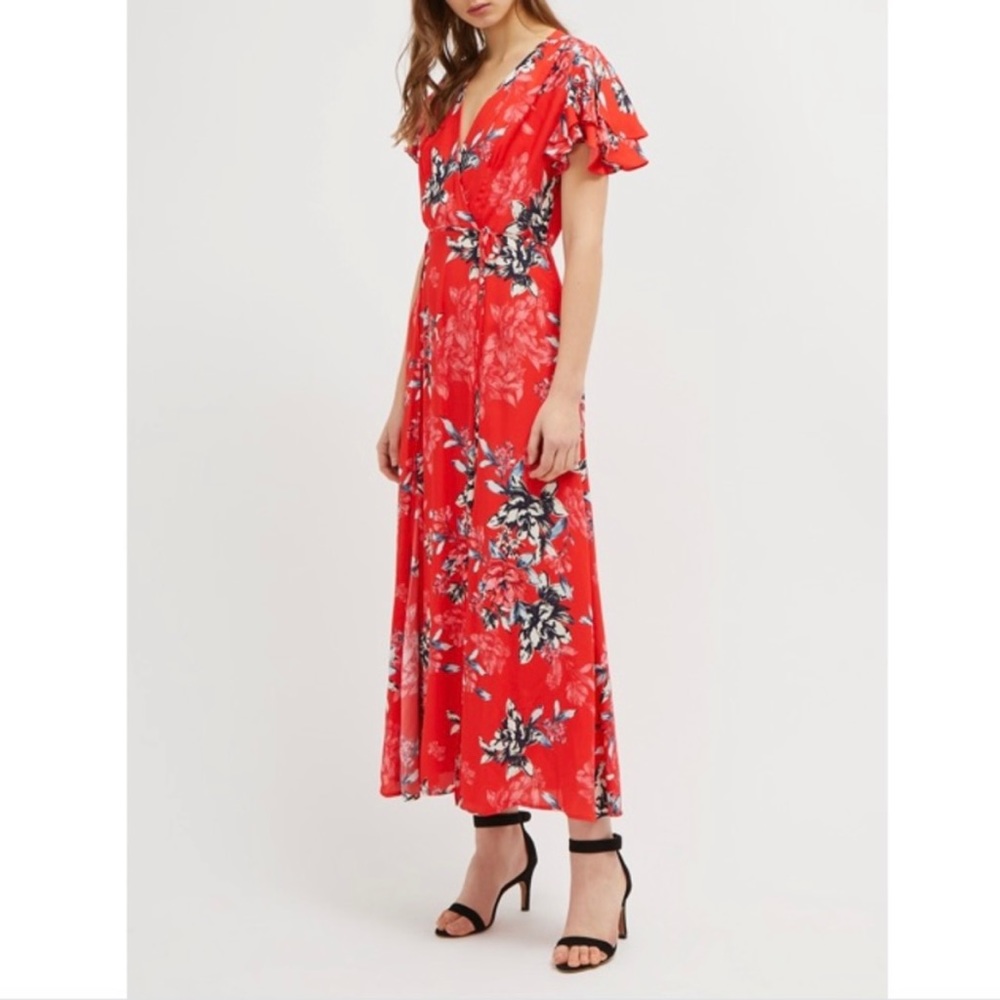 French Connection Coletta Crepe Midi Tea Dress Red Floral - size 2